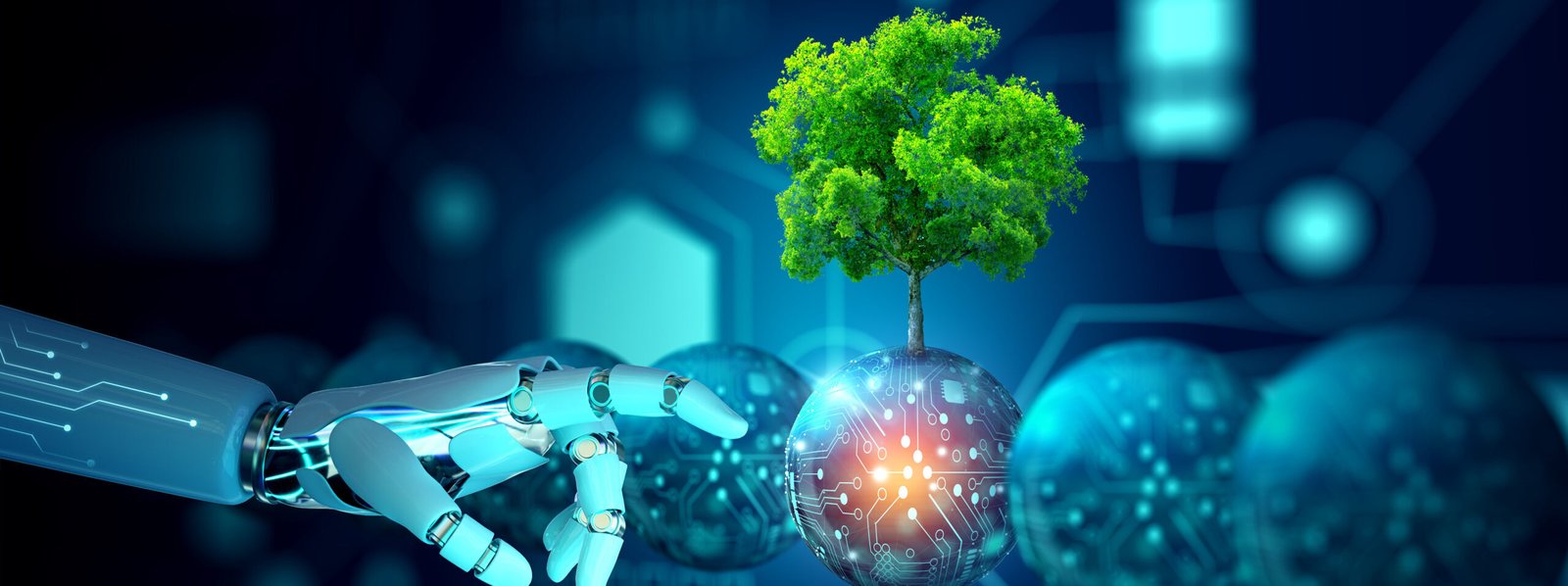 Robot hand pointing a digital ball with tree against nature. Eco